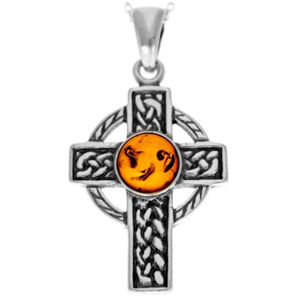 925 Sterling Silver & Baltic Amber Celtic Cross Pendant - 1640