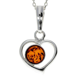 925 Sterling Silver & Genuine Baltic Amber Classic Heart Pendant - 1674