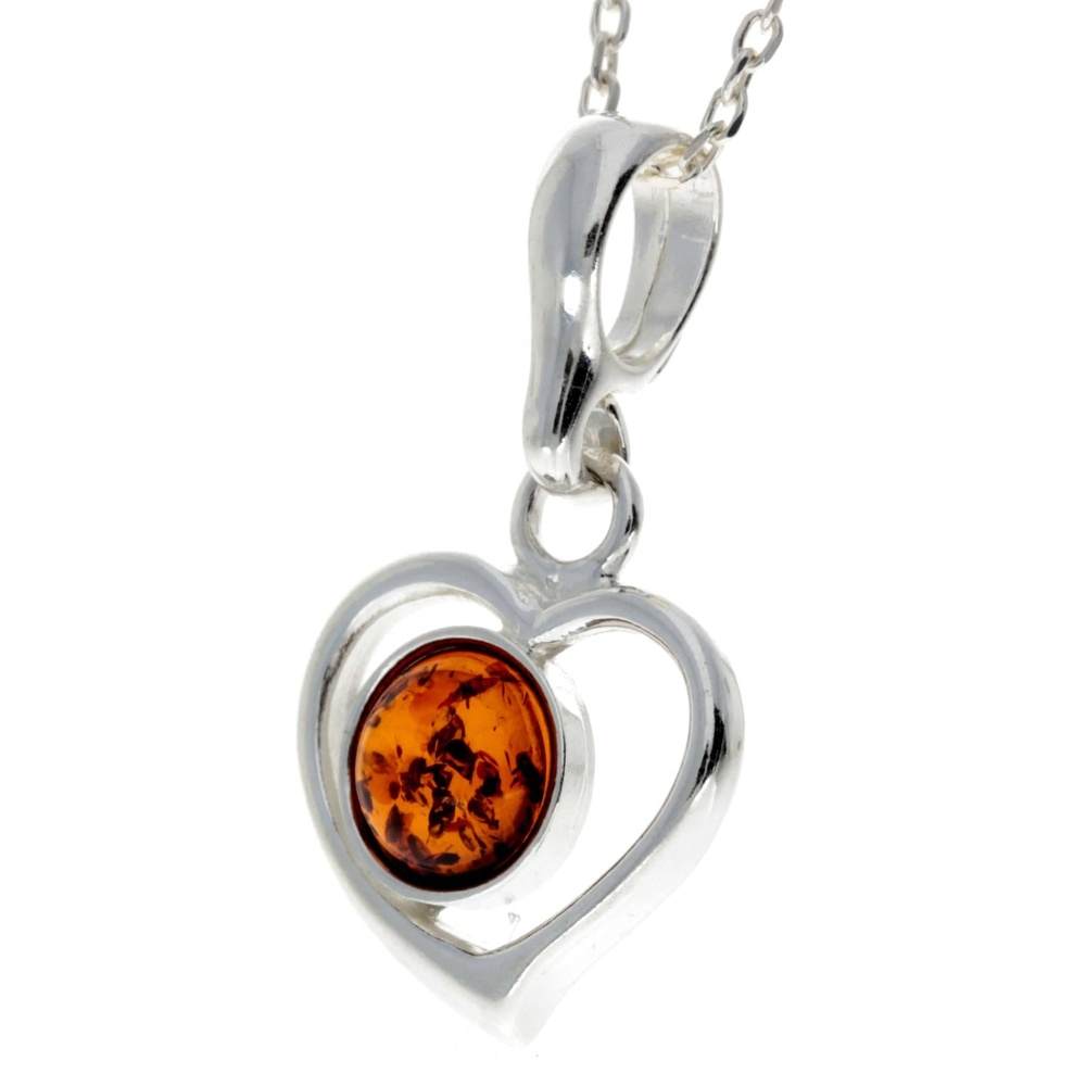 925 Sterling Silver & Genuine Baltic Amber Classic Heart Pendant - 1674