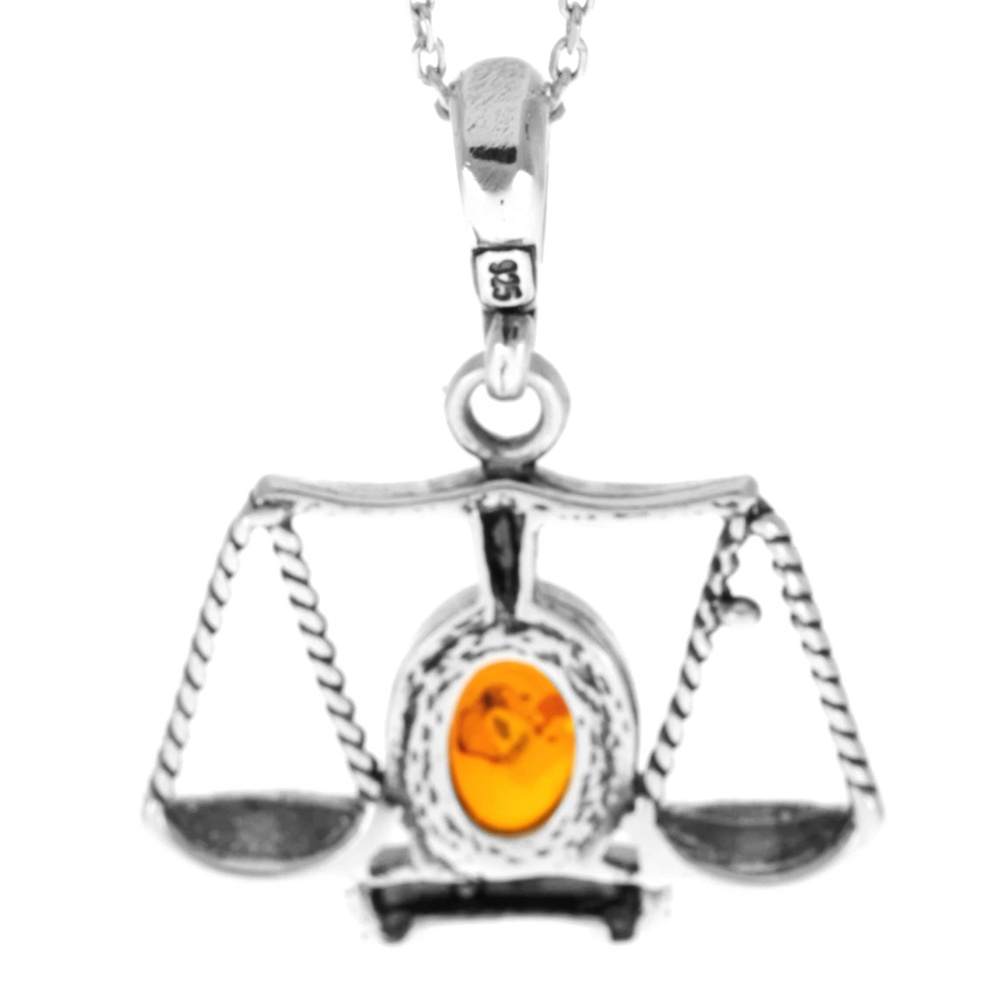 925 Sterling Silver & Genuine Baltic Amber Classic Zodiac Libra Pendant - 1697