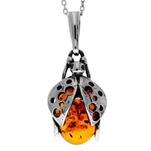 925 Sterling Silver & Genuine Baltic Amber Classic Ladybird Pendant - 1931