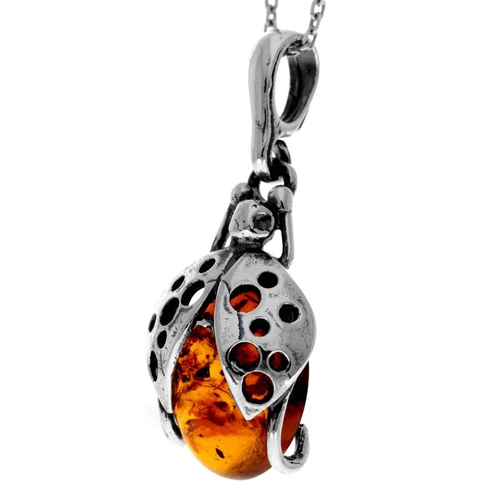 925 Sterling Silver & Genuine Baltic Amber Classic Ladybird Pendant - 1931