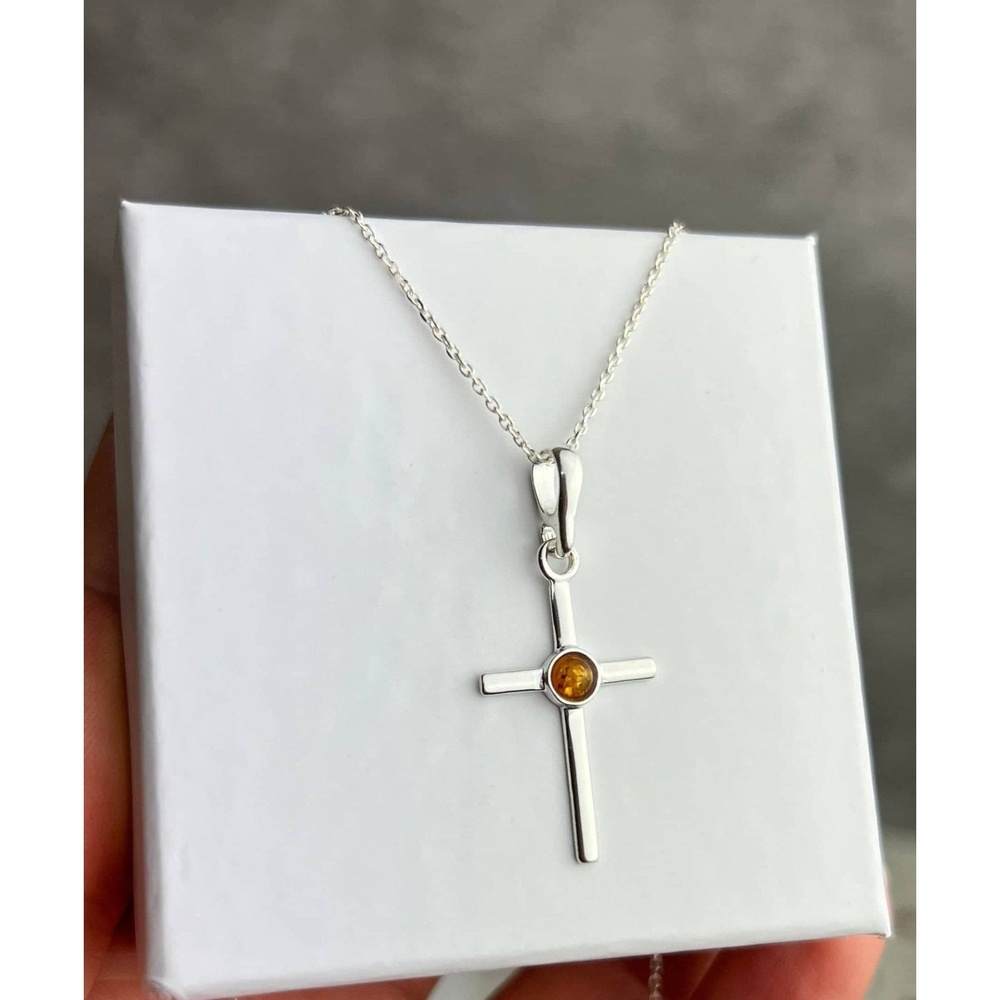 925 Sterling Silver & Genuine Baltic Amber Classic Cross Pendant - 1987