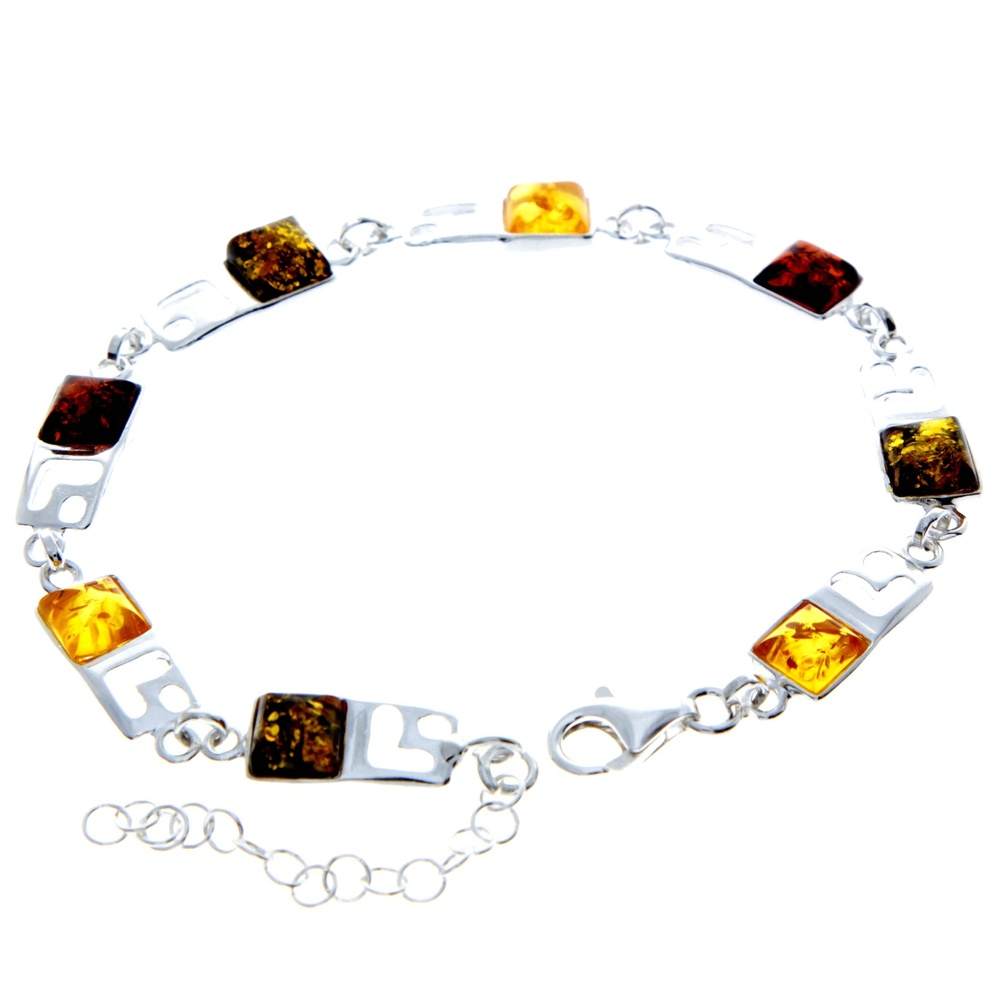 925 Sterling Silver & Baltic Amber Square Stones Mix Bracelet 19 cm + 5 - 2087