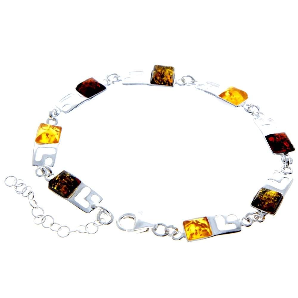 925 Sterling Silver & Baltic Amber Square Stones Mix Bracelet 19 cm + 5 - 2087