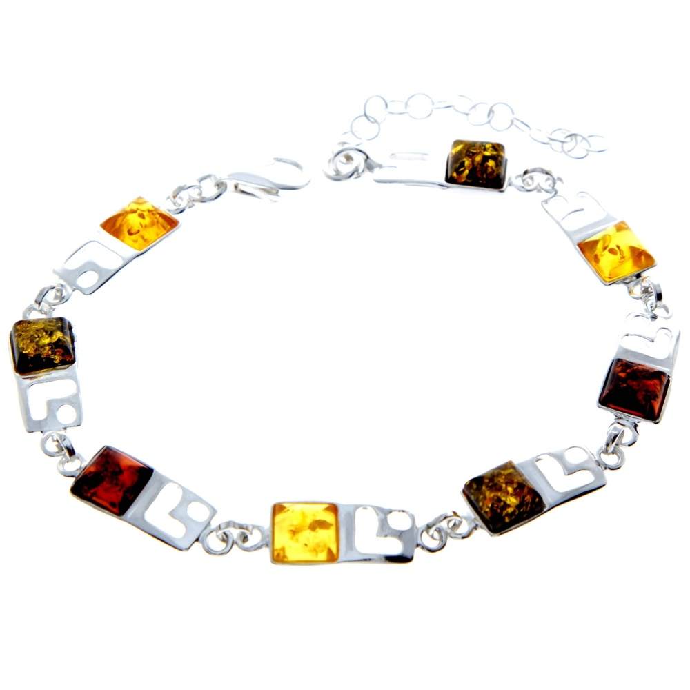 925 Sterling Silver & Baltic Amber Square Stones Mix Bracelet 19 cm + 5 - 2087