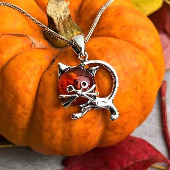 925 Sterling Silver & Genuine Baltic Amber Pussycat Sweet Pendant - 550