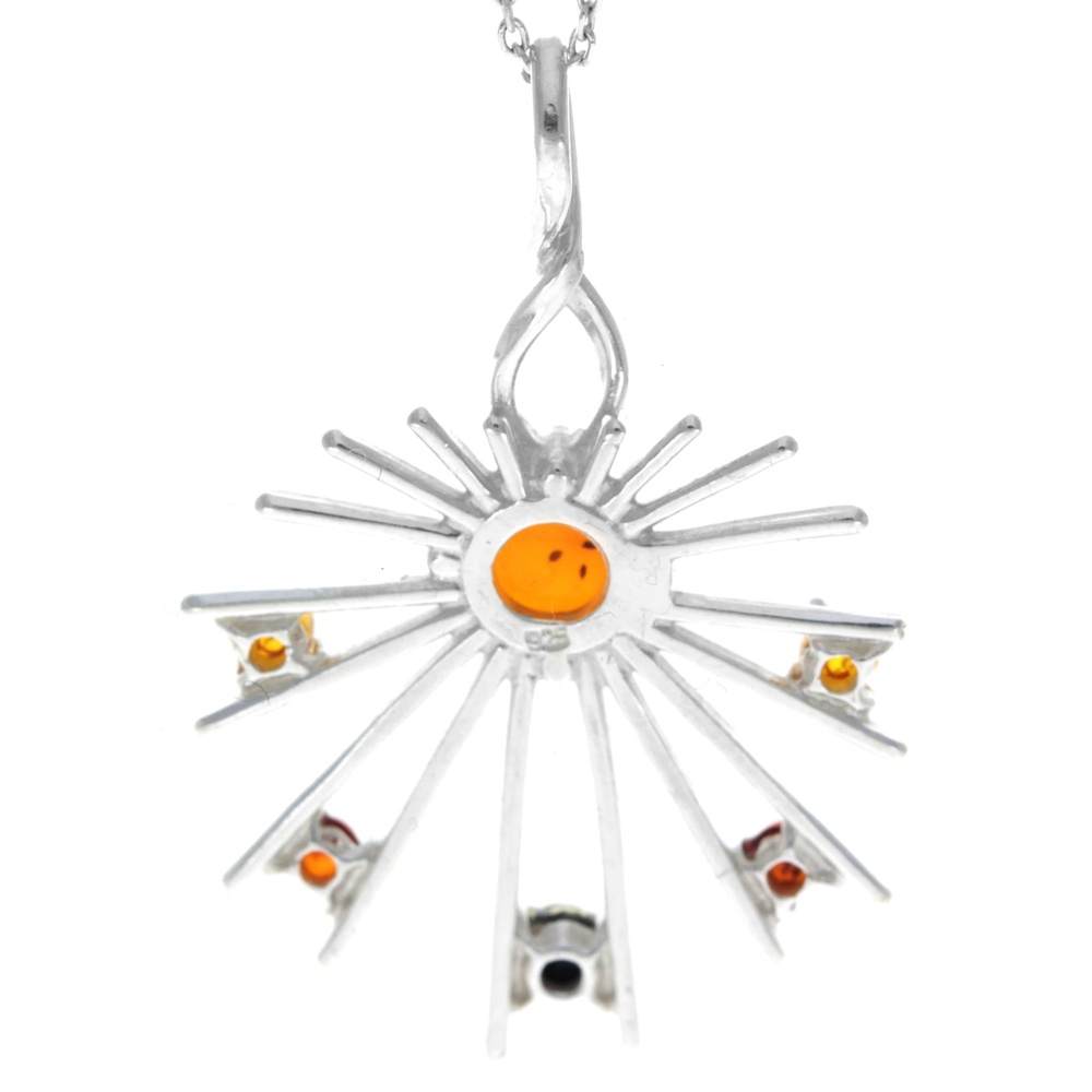 925 Sterling Silver & Genuine Baltic Amber Multi Stone Modern Cross Pendant - 363