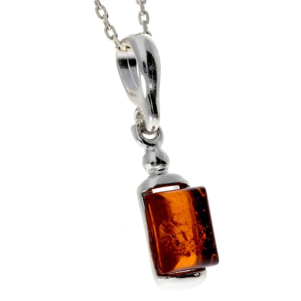 925 Sterling Silver & Genuine Baltic Amber Classic Rectangular Pendant - 389