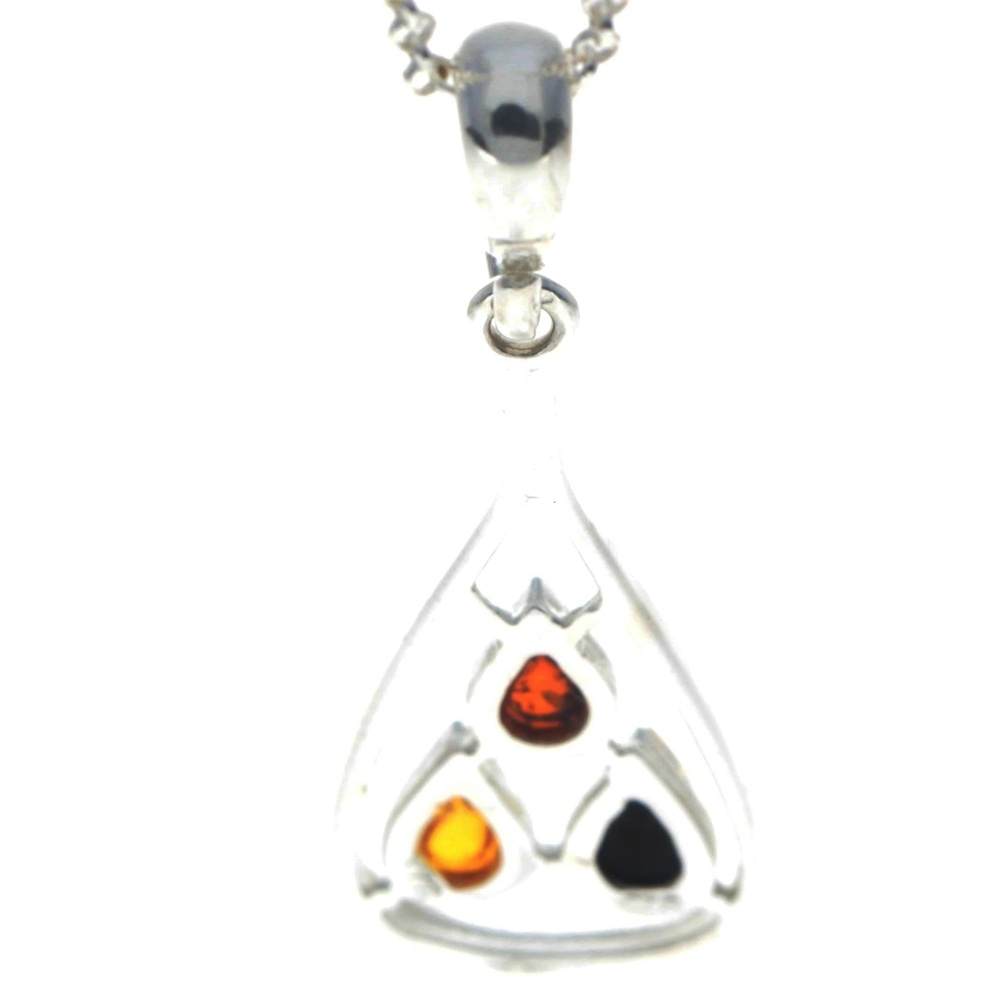 925 Sterling Silver & Genuine Baltic Amber 3 Stone Teardrop Classic Pendant - 397