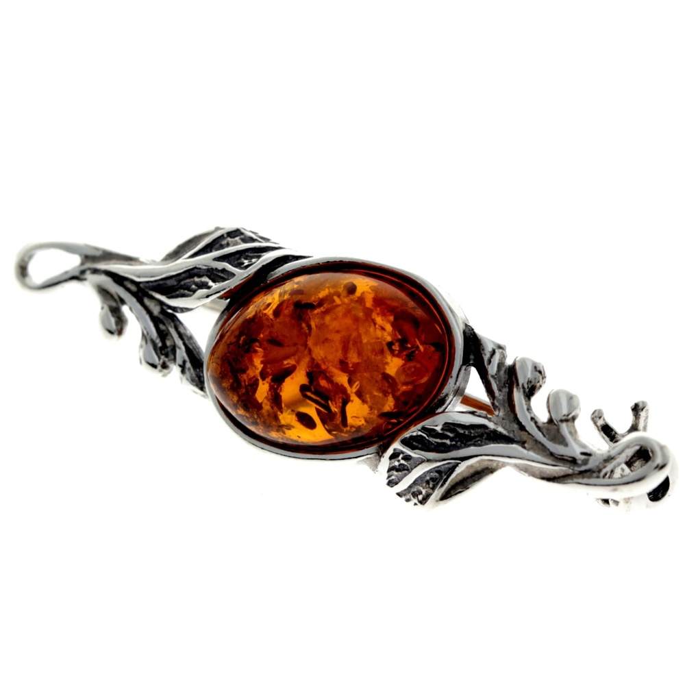 925 Sterling Silver & Genuine Baltic Amber Classic Brooch - 4022