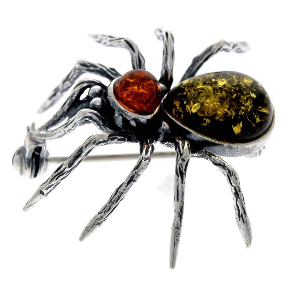 925 Sterling Silver & Baltic Amber Spider Brooch - 4152