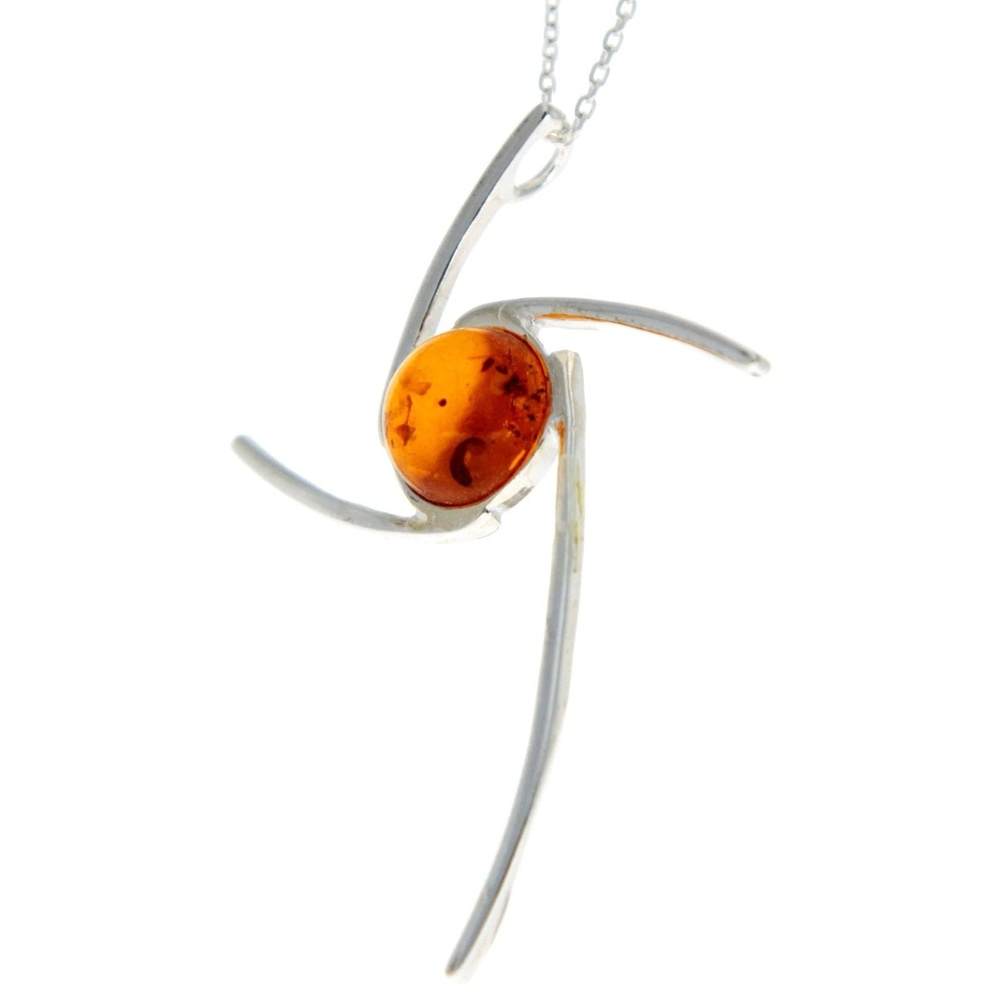 925 Sterling Silver & Genuine Baltic Amber Modern Cross Pendant - 416