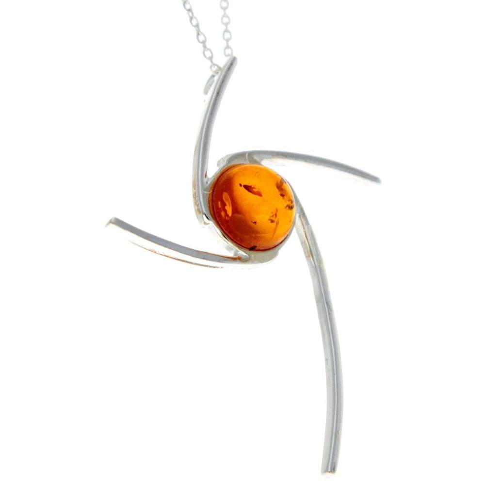 925 Sterling Silver & Genuine Baltic Amber Modern Cross Pendant - 416