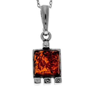 925 Sterling Silver & Genuine Baltic Amber Classic Square Pendant - 432