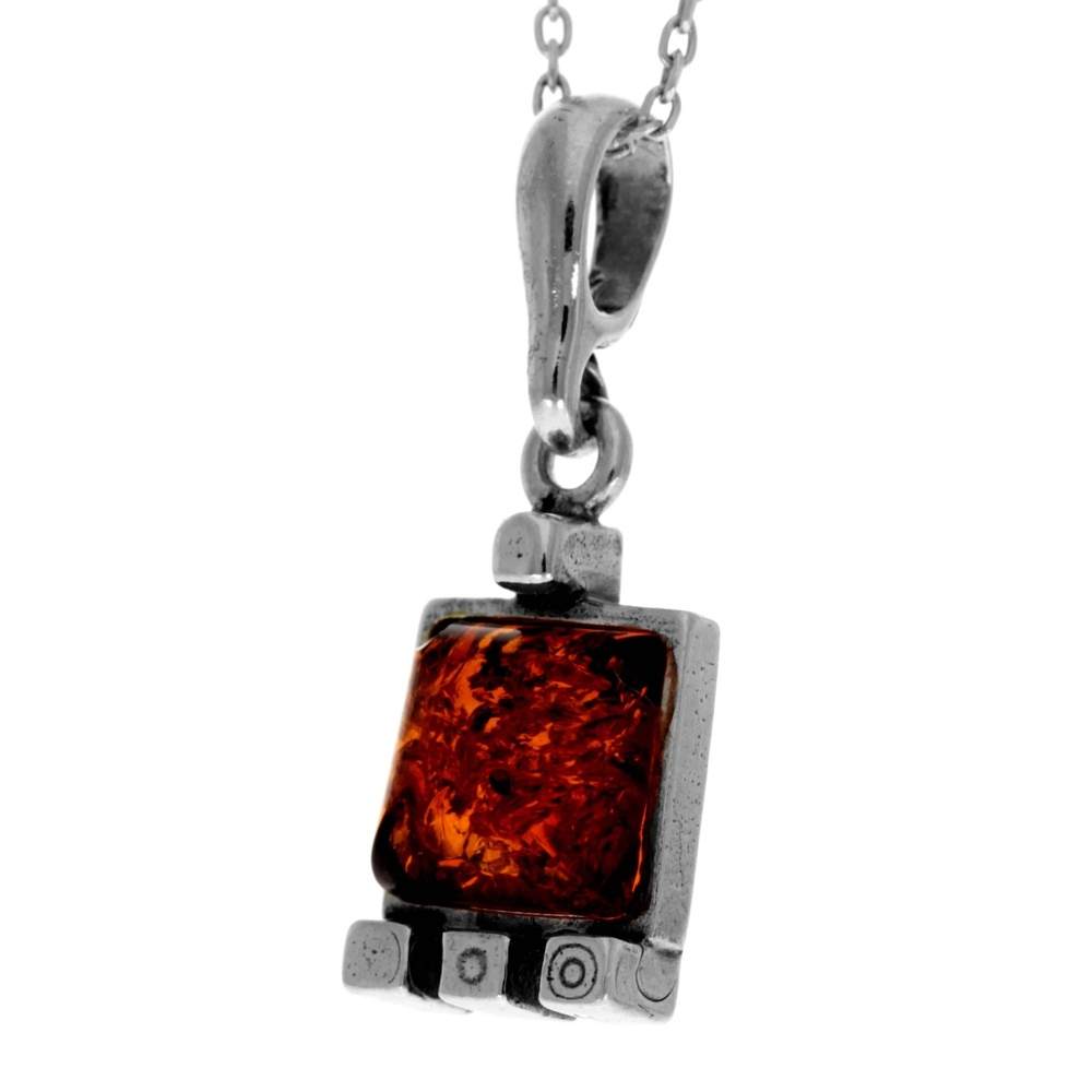 925 Sterling Silver & Genuine Baltic Amber Classic Square Pendant - 432