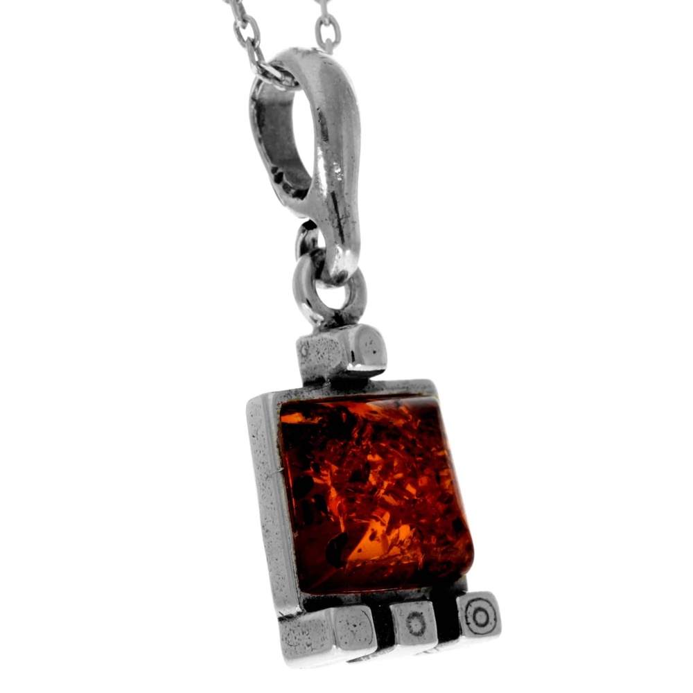 925 Sterling Silver & Genuine Baltic Amber Classic Square Pendant - 432