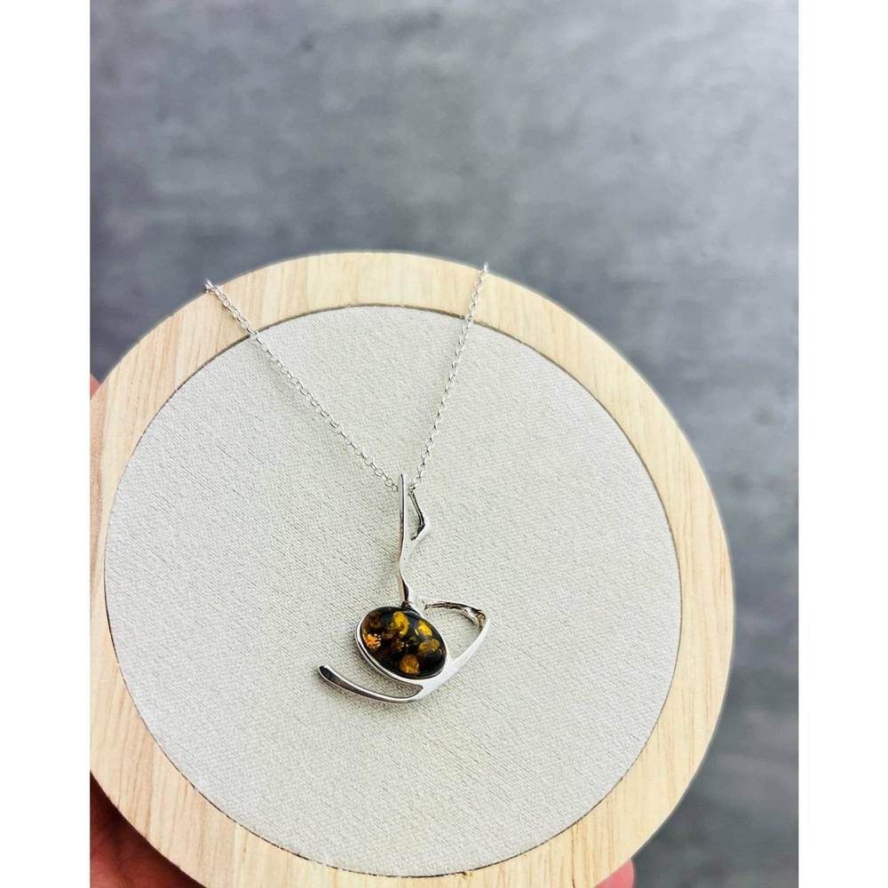 925 Sterling Silver & Genuine Baltic Amber Modern Pendant 447