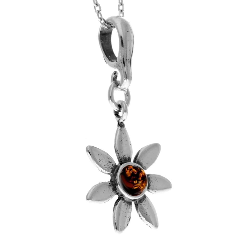 925 Sterling Silver & Genuine Baltic Amber Classic Star / Flower Pendant - 459