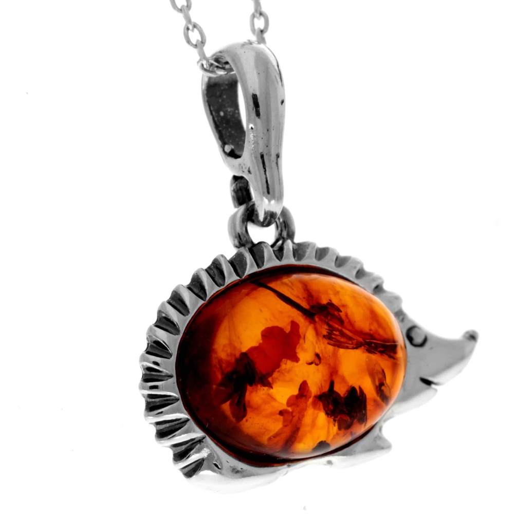 925 Sterling Silver & Genuine Baltic Amber Classic Hedgehog Pendant - 552