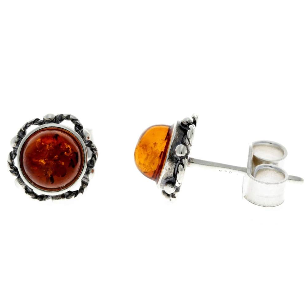 925 Sterling Silver & Genuine Baltic Amber Classic Round Studs Earrings - 5940