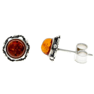 925 Sterling Silver & Genuine Baltic Amber Classic Round Studs Earrings - 5940