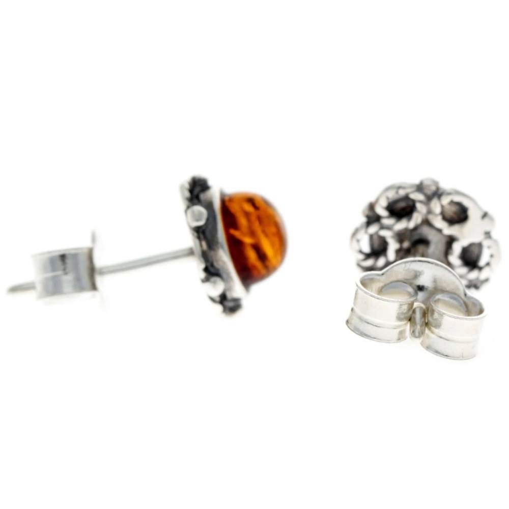 925 Sterling Silver & Genuine Baltic Amber Classic Round Studs Earrings - 5940