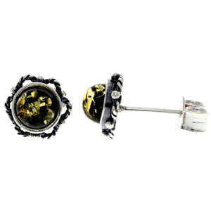 925 Sterling Silver & Genuine Baltic Amber Classic Round Studs Earrings - 5940