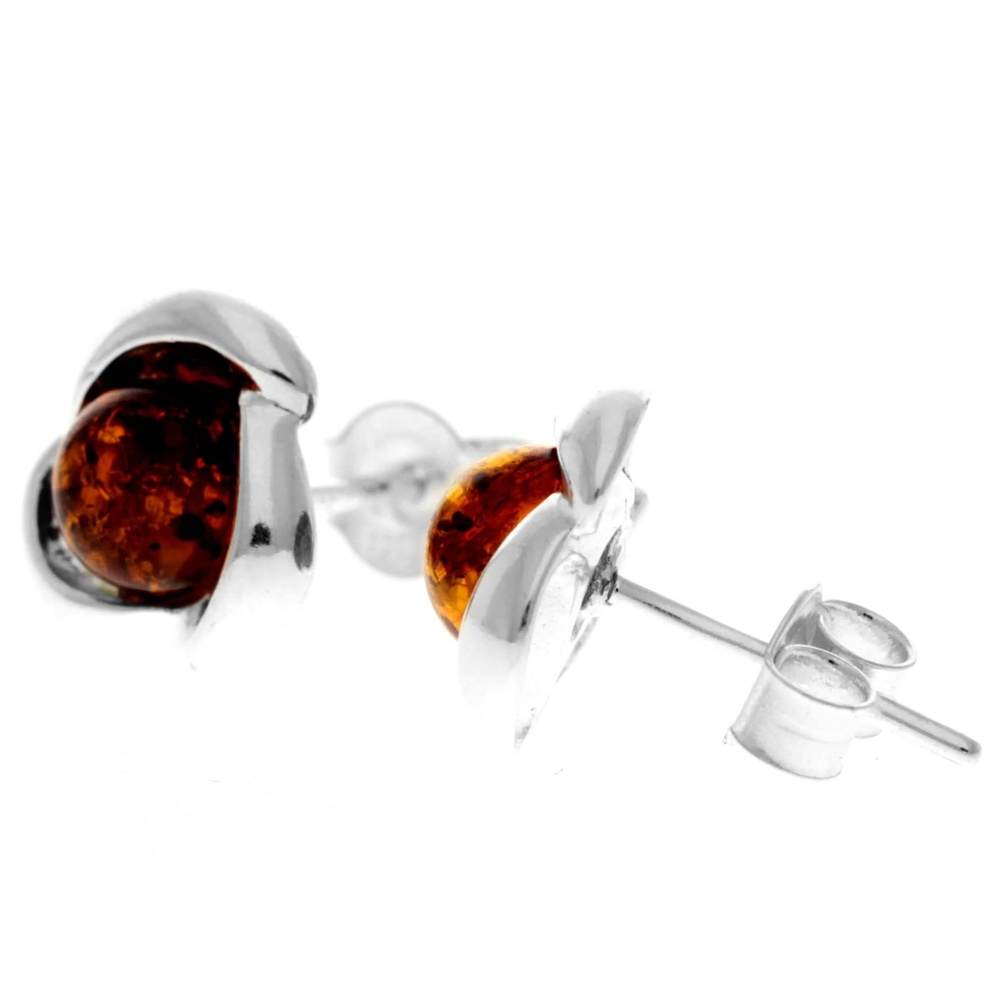 925 Sterling Silver & Genuine Baltic Amber Classic Celtic Studs Earrings - 5971
