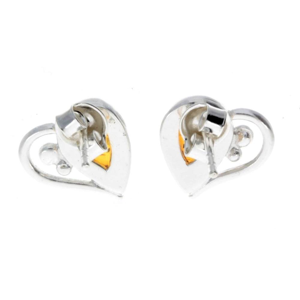 925 Sterling Silver & Baltic Amber Heart Studs Earrings - M194