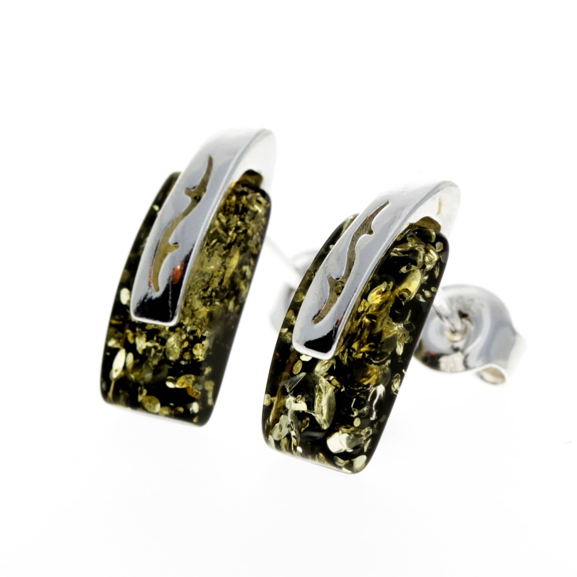 925 Sterling Silver & Baltic Amber Modern Studs Earrings - GL036