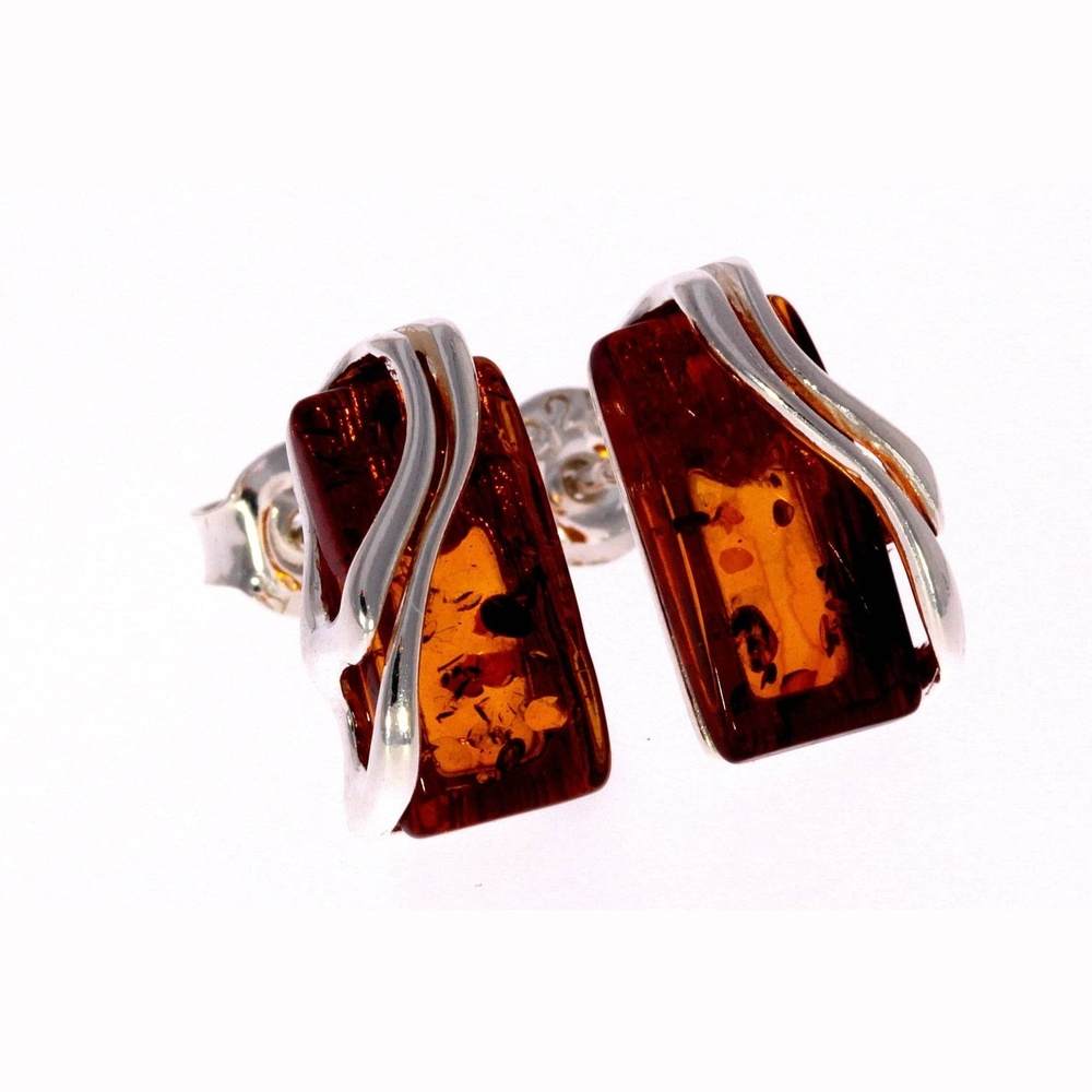925 Sterling Silver & Baltic Amber Modern Studs Earrings - GL005