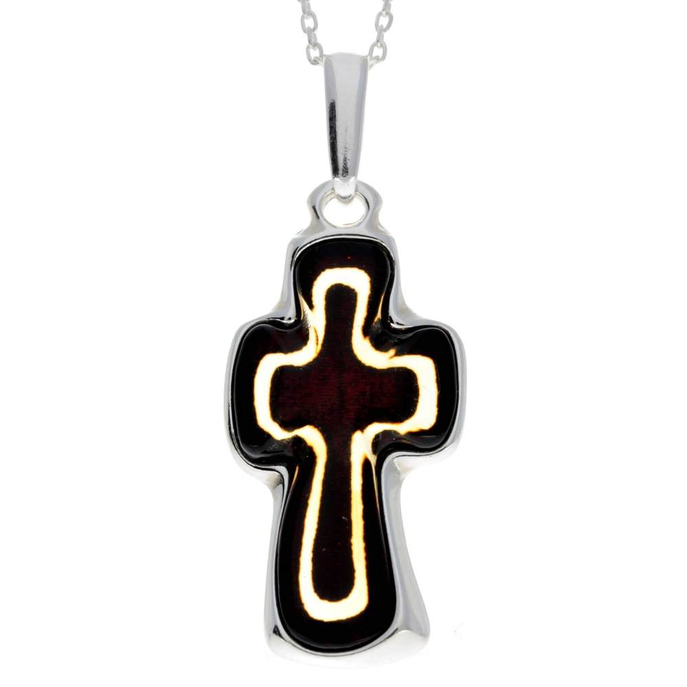 925 Sterling Silver & Baltic Amber Large Unique Cross Pendant - AD216