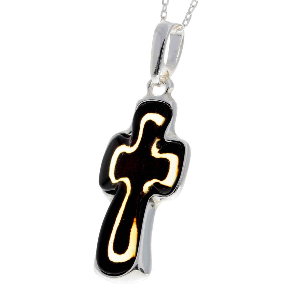 925 Sterling Silver & Baltic Amber Large Unique Cross Pendant - AD216