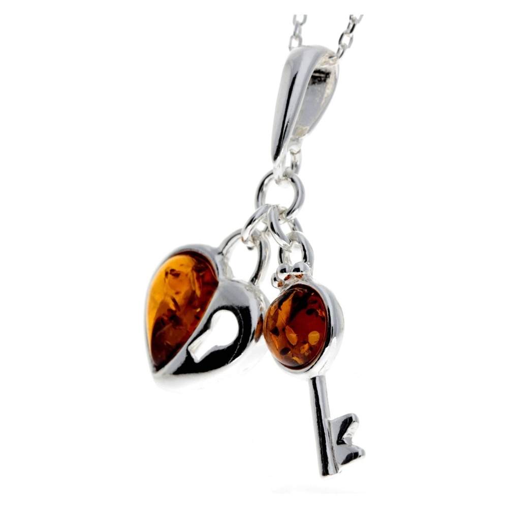 925 Sterling Silver & Baltic Amber Key & Heart Pendant - GL336