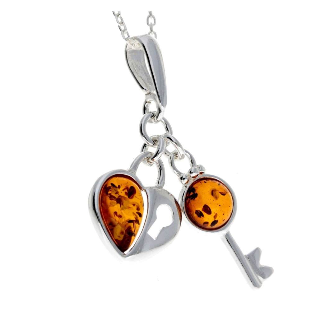 925 Sterling Silver & Baltic Amber Key & Heart Pendant - GL336