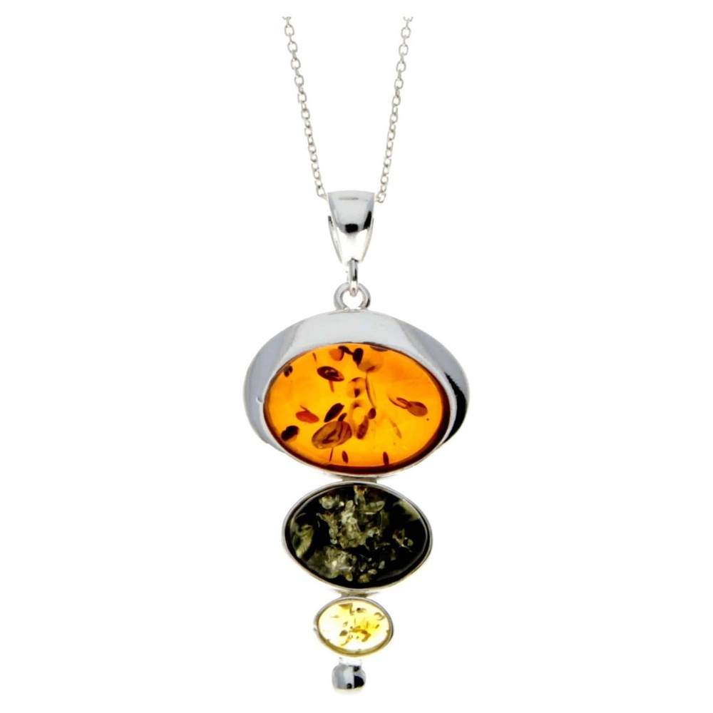 925 Sterling Silver & Baltic Amber 3 Stone Modern Pendant - M371