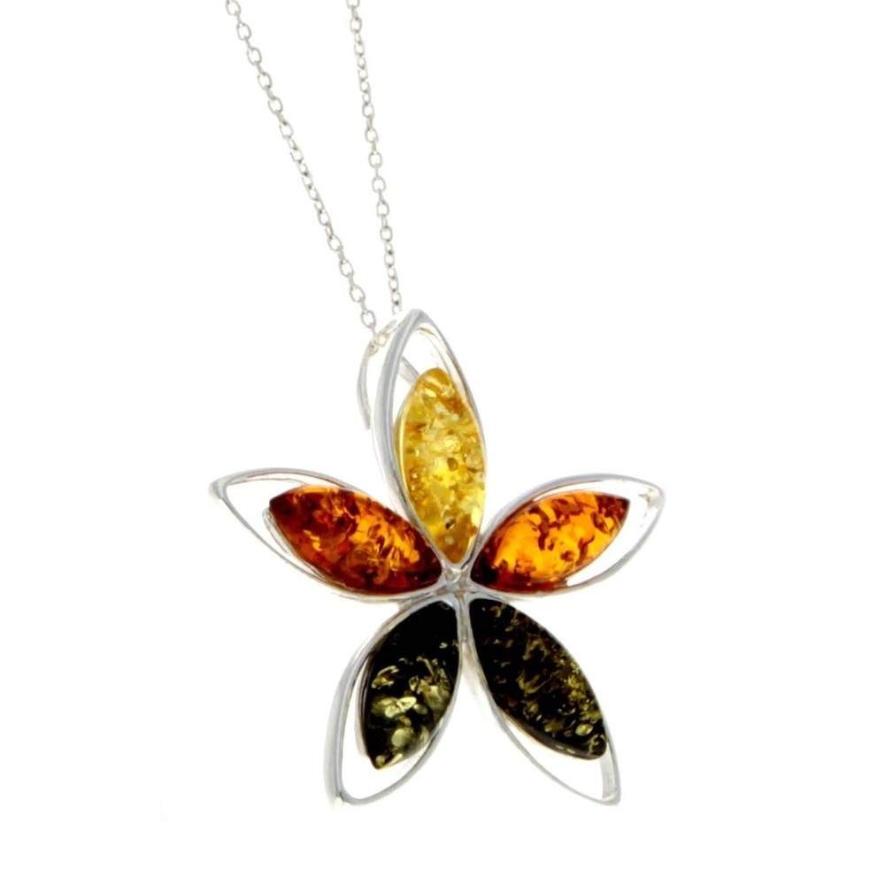 925 Sterling Silver & Baltic Amber 5 Stones Star Modern Pendant - M373