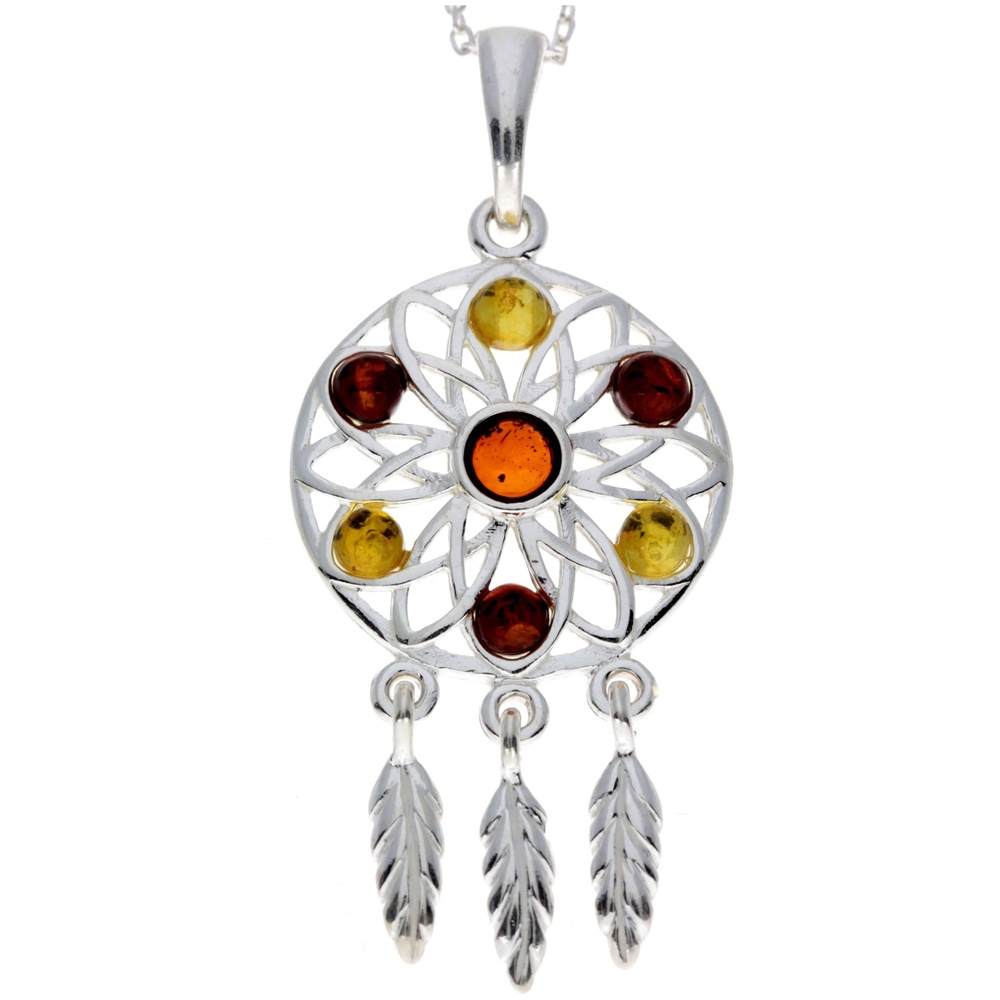 925 Sterling Silver & Baltic Amber Large Dream catcher Pendant - GL368S