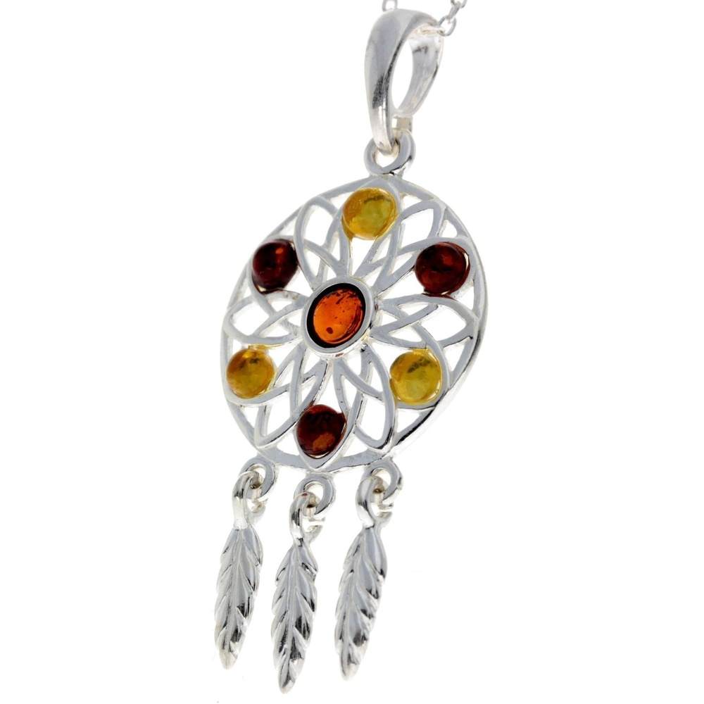 925 Sterling Silver & Baltic Amber Large Dream catcher Pendant - GL368S