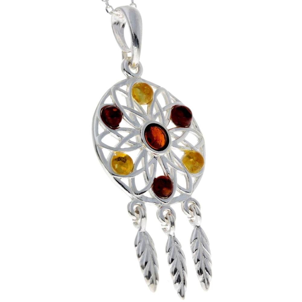 925 Sterling Silver & Baltic Amber Large Dream catcher Pendant - GL368S