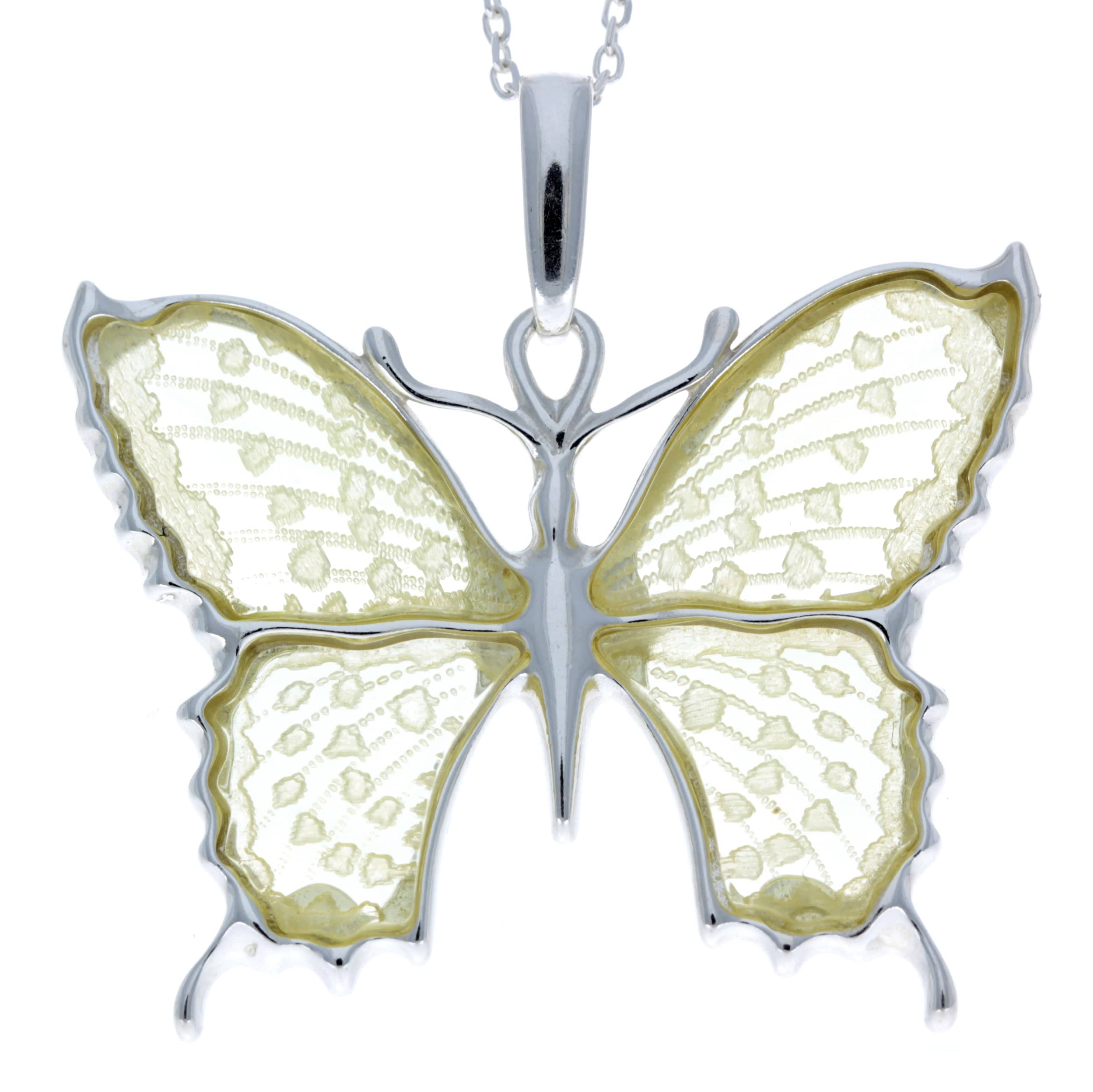 925 Sterling Silver & Baltic Amber Exclusive Engraved Butterfly Pendant - AF201