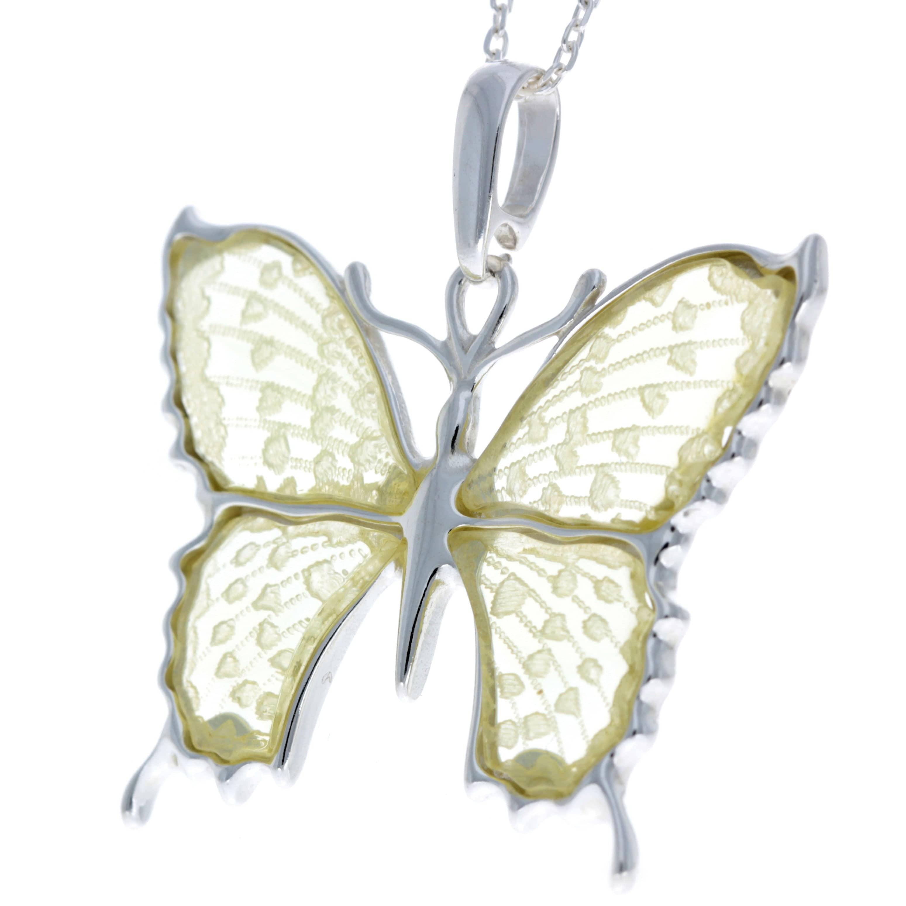 925 Sterling Silver & Baltic Amber Exclusive Engraved Butterfly Pendant - AF201