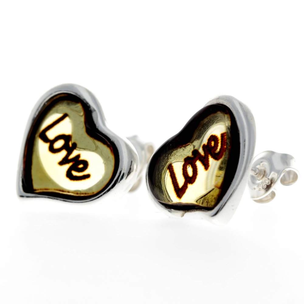 925 Sterling Silver & Baltic Amber Classic Heart Engraved Heart Studs Earrings - AC004