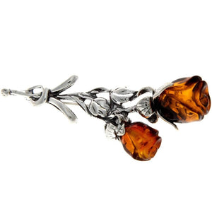 925 Sterling Silver & Baltic Amber 2 Roses Brooch - BR2
