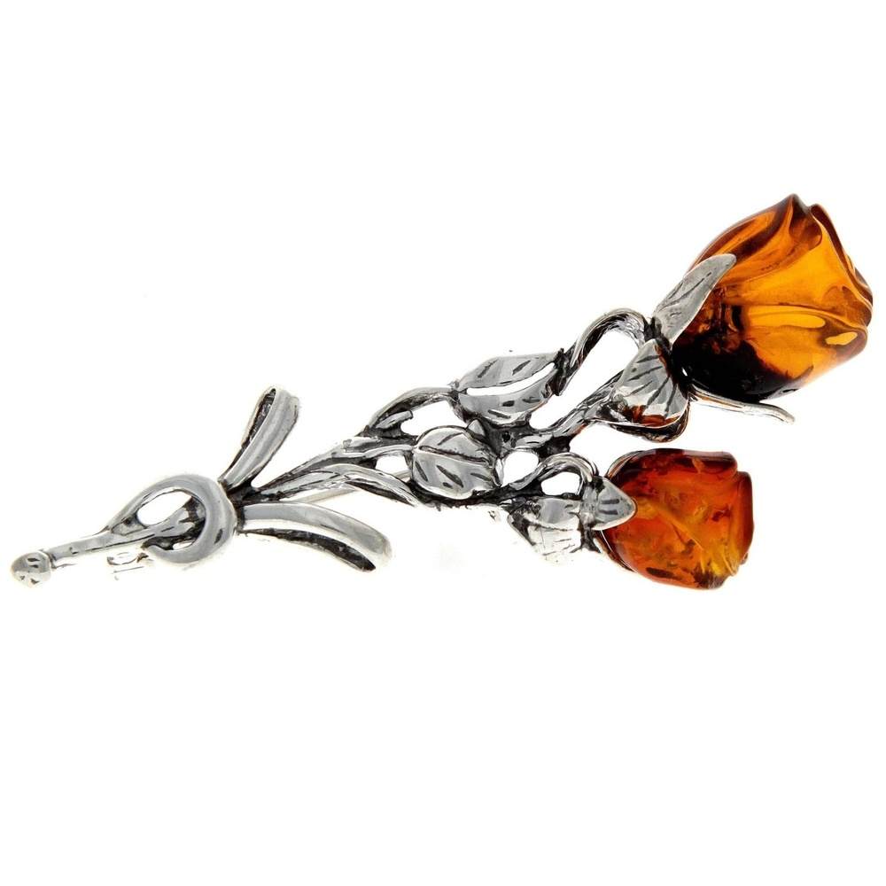 925 Sterling Silver & Baltic Amber 2 Roses Brooch - BR2