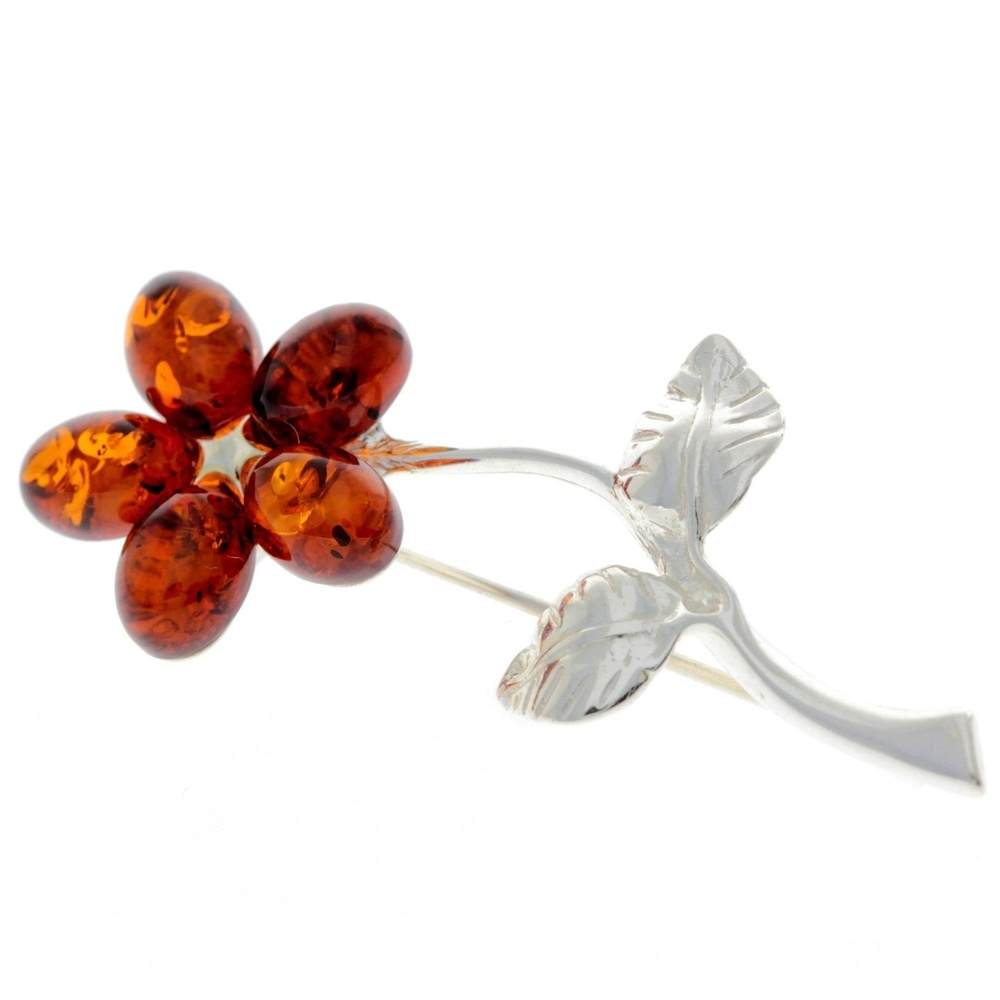 925 Sterling Silver & Baltic Amber Flower Brooch - AA801