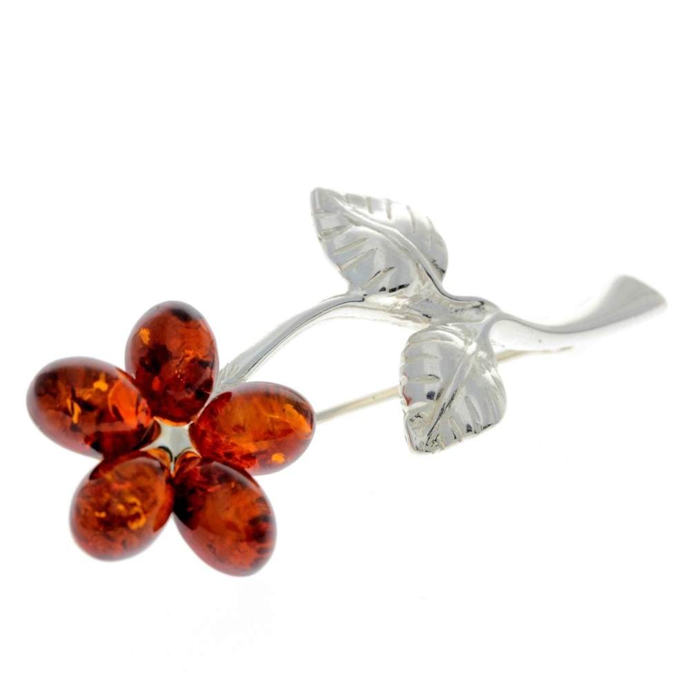 925 Sterling Silver & Baltic Amber Flower Brooch - AA801