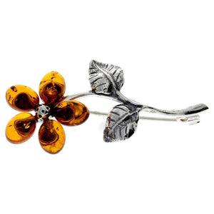 925 Sterling Silver & Baltic Amber Flower Brooch - 4015