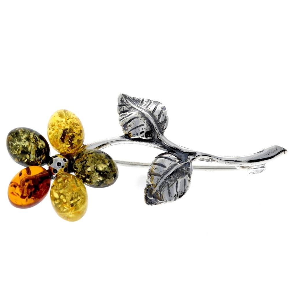 925 Sterling Silver & Baltic Amber Flower Brooch - 4015
